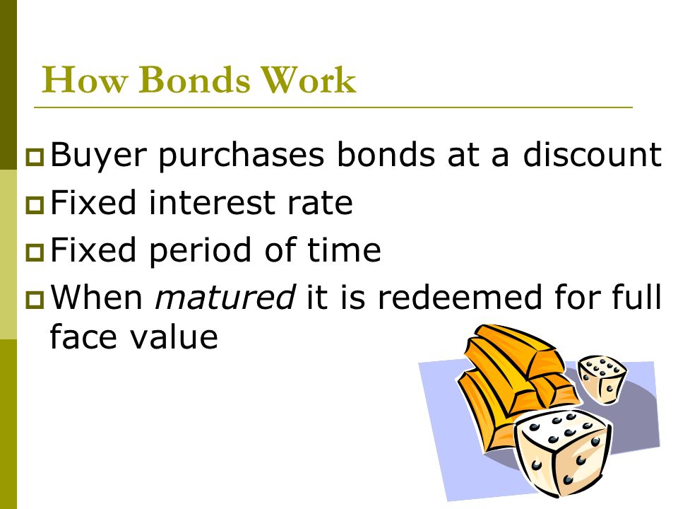 How Bonds Work  Buyer purchases bonds at a discount  Fixed interest rate  Fixed period of time  When matured it is redeemed for full face value