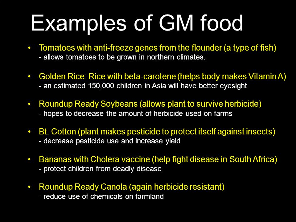 Examples of GM food Tomatoes with anti-freeze genes from the flounder (a type of fish) - allows tomatoes to be grown in northern climates.