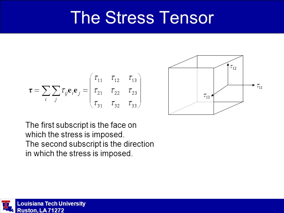 Louisiana Tech University Ruston, LA The Stress Tensor The first subscript is the face on which the stress is imposed.