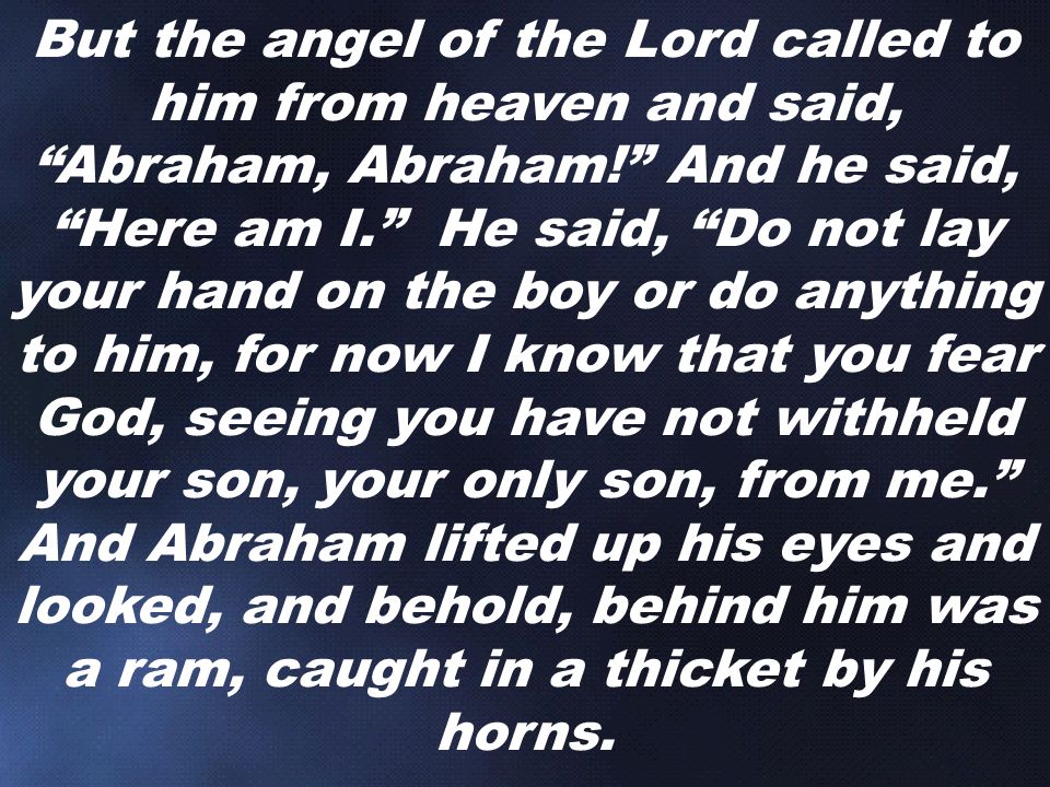 But the angel of the Lord called to him from heaven and said, Abraham, Abraham! And he said, Here am I. He said, Do not lay your hand on the boy or do anything to him, for now I know that you fear God, seeing you have not withheld your son, your only son, from me. And Abraham lifted up his eyes and looked, and behold, behind him was a ram, caught in a thicket by his horns.