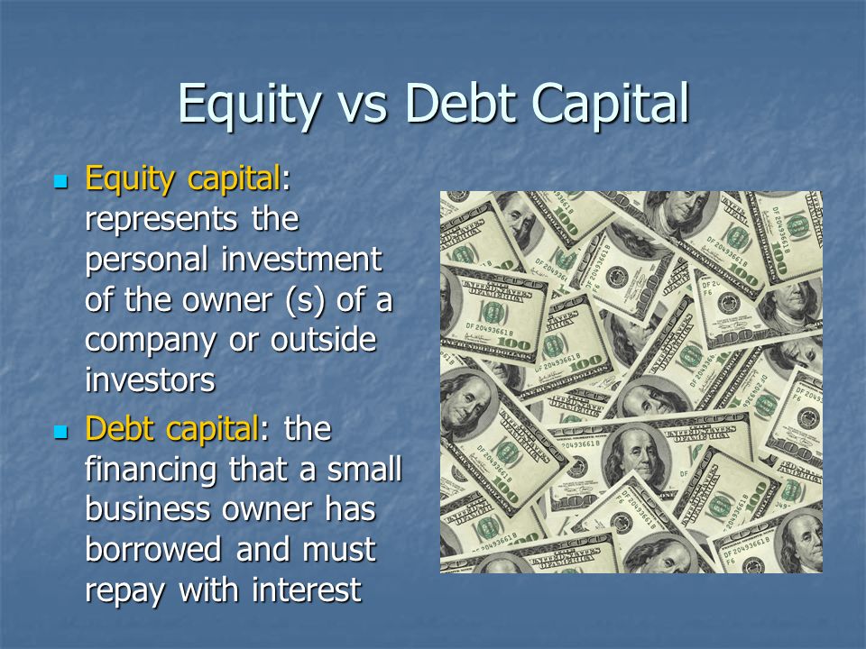 Equity vs Debt Capital Equity capital: represents the personal investment of the owner (s) of a company or outside investors Equity capital: represents the personal investment of the owner (s) of a company or outside investors Debt capital: the financing that a small business owner has borrowed and must repay with interest Debt capital: the financing that a small business owner has borrowed and must repay with interest