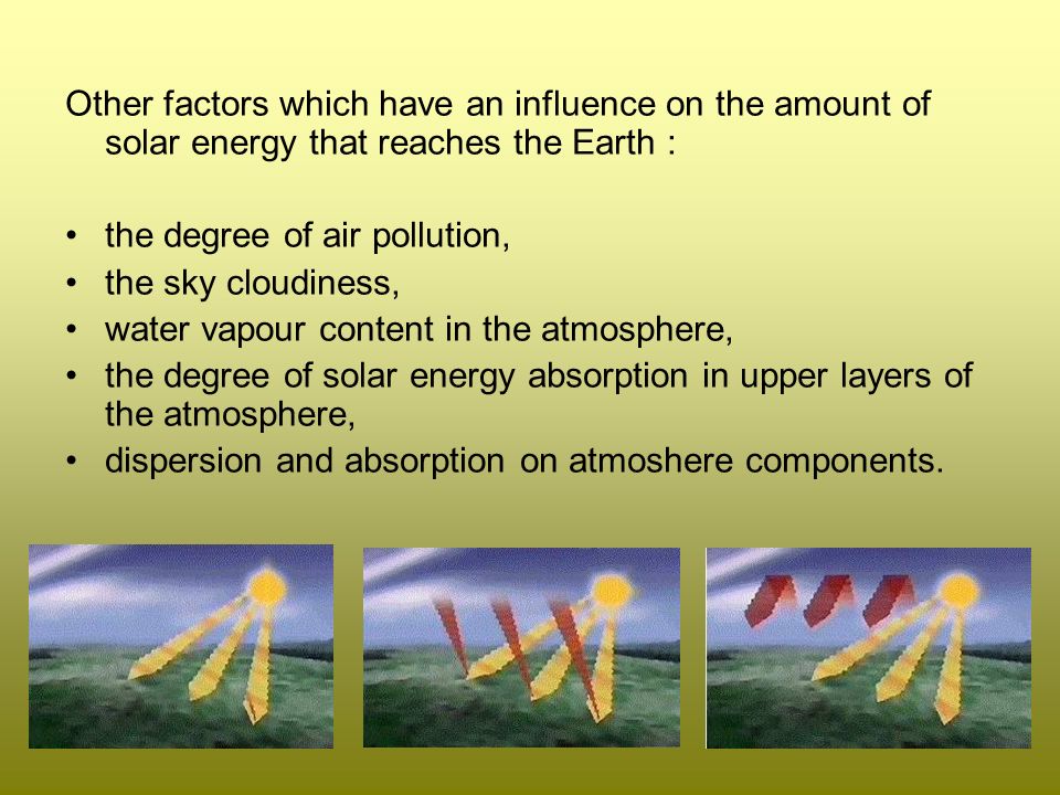 Other factors which have an influence on the amount of solar energy that reaches the Earth : the degree of air pollution, the sky cloudiness, water vapour content in the atmosphere, the degree of solar energy absorption in upper layers of the atmosphere, dispersion and absorption on atmoshere components.