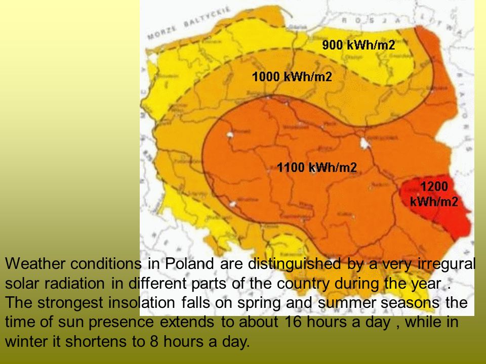 Weather conditions in Poland are distinguished by a very irregural solar radiation in different parts of the country during the year.