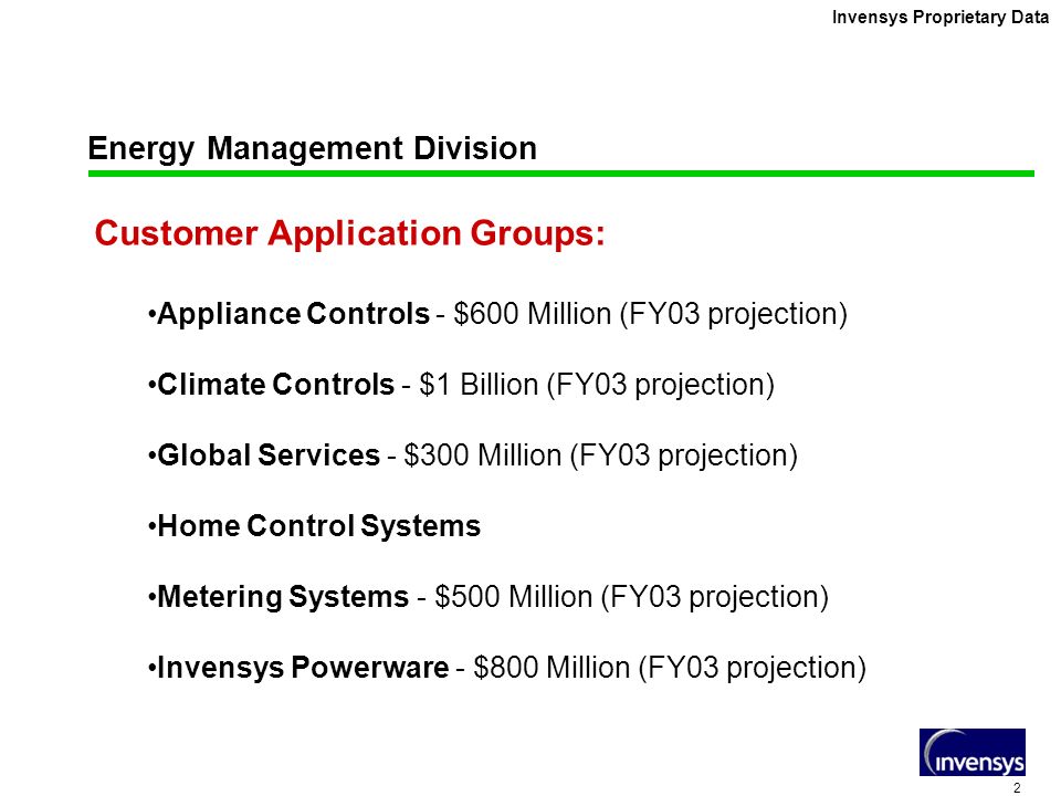 2 Invensys Proprietary Data Energy Management Division Customer Application Groups: Appliance Controls - $600 Million (FY03 projection) Climate Controls - $1 Billion (FY03 projection) Global Services - $300 Million (FY03 projection) Home Control Systems Metering Systems - $500 Million (FY03 projection) Invensys Powerware - $800 Million (FY03 projection)