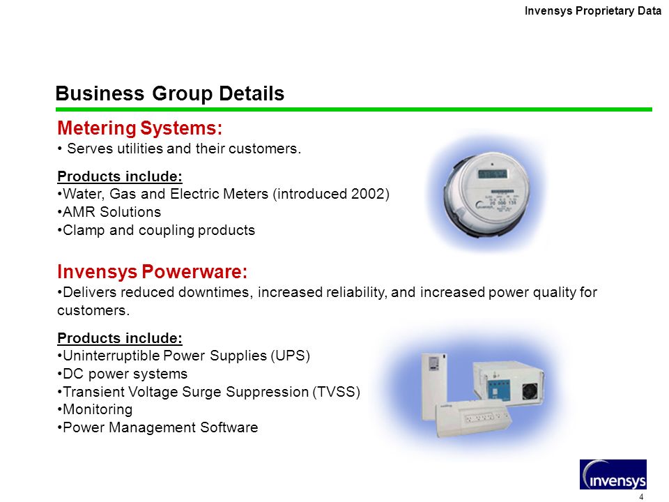 4 Invensys Proprietary Data Business Group Details Metering Systems: Serves utilities and their customers.