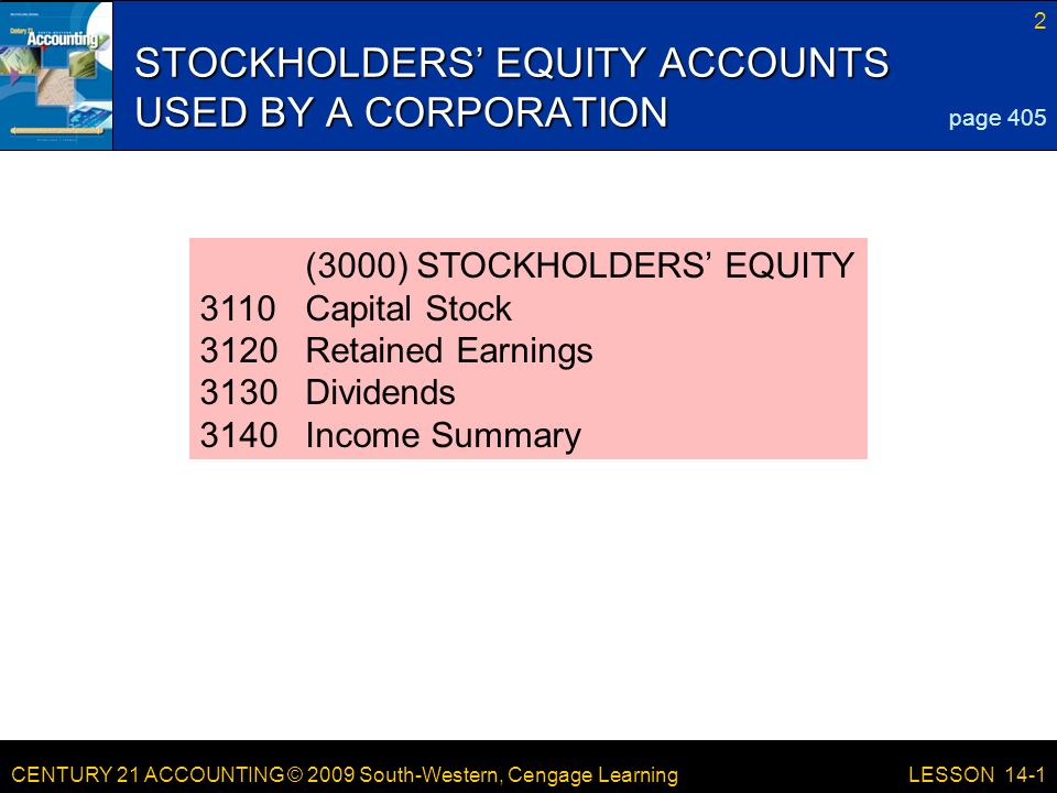 CENTURY 21 ACCOUNTING © 2009 South-Western, Cengage Learning 2 LESSON 14-1 STOCKHOLDERS’ EQUITY ACCOUNTS USED BY A CORPORATION page 405 (3000) STOCKHOLDERS’ EQUITY 3110Capital Stock 3120Retained Earnings 3130Dividends 3140Income Summary