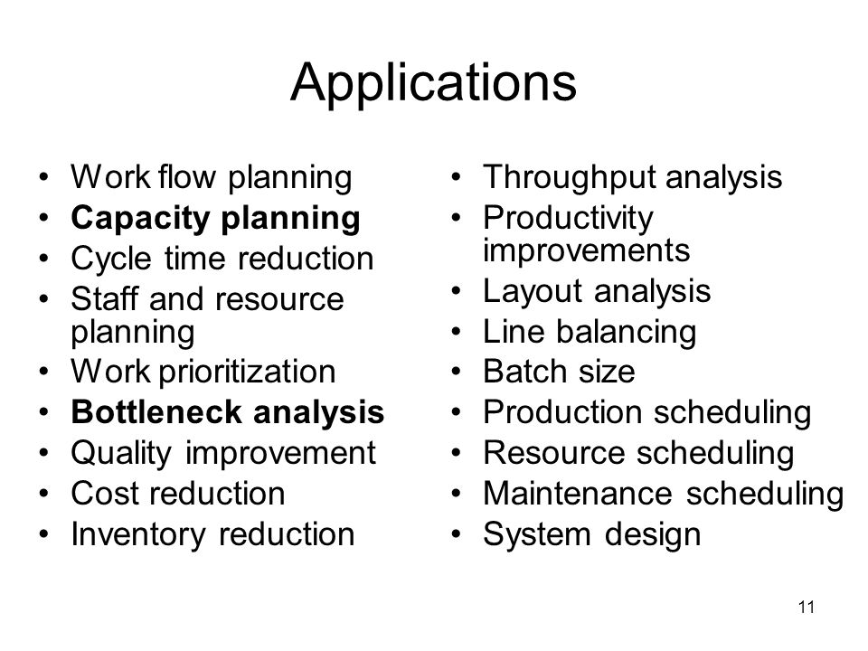 11 Applications Work flow planning Capacity planning Cycle time reduction Staff and resource planning Work prioritization Bottleneck analysis Quality improvement Cost reduction Inventory reduction Throughput analysis Productivity improvements Layout analysis Line balancing Batch size Production scheduling Resource scheduling Maintenance scheduling System design