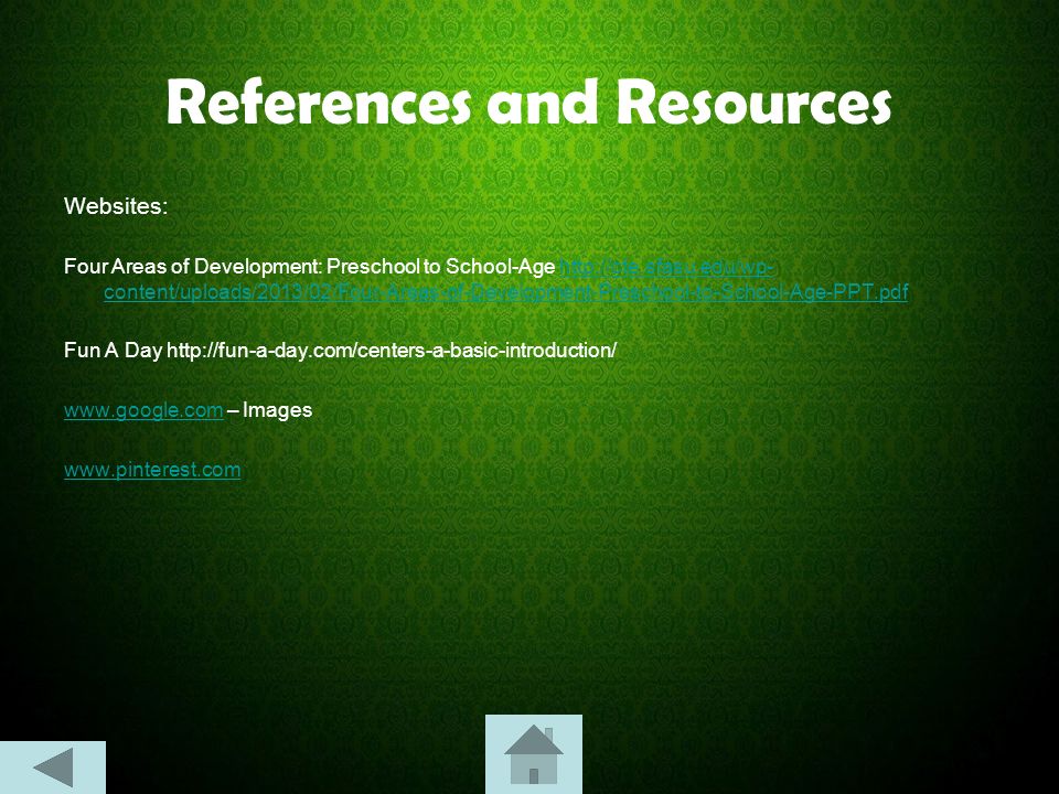 References and Resources Websites: Four Areas of Development: Preschool to School-Age   content/uploads/2013/02/Four-Areas-of-Development-Preschool-to-School-Age-PPT.pdfhttp://cte.sfasu.edu/wp- content/uploads/2013/02/Four-Areas-of-Development-Preschool-to-School-Age-PPT.pdf Fun A Day     – Images