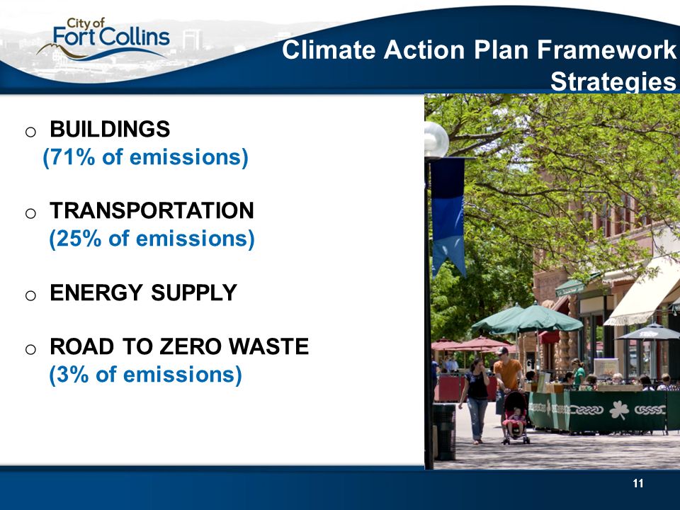 11 Climate Action Plan Framework Strategies 11 o BUILDINGS (71% of emissions) o TRANSPORTATION (25% of emissions) o ENERGY SUPPLY o ROAD TO ZERO WASTE (3% of emissions)