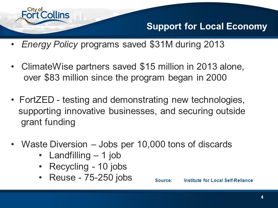 44 Energy Policy programs saved $31M during 2013 ClimateWise partners saved $15 million in 2013 alone, over $83 million since the program began in 2000 FortZED - testing and demonstrating new technologies, supporting innovative businesses, and securing outside grant funding Waste Diversion – Jobs per 10,000 tons of discards Landfilling – 1 job Recycling - 10 jobs Reuse jobs Source: Institute for Local Self-Reliance Support for Local Economy