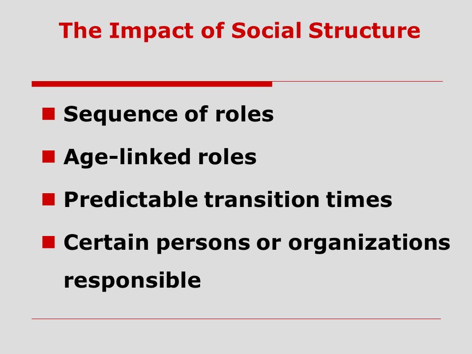 Sequence of roles Age-linked roles Predictable transition times Certain persons or organizations responsible The Impact of Social Structure