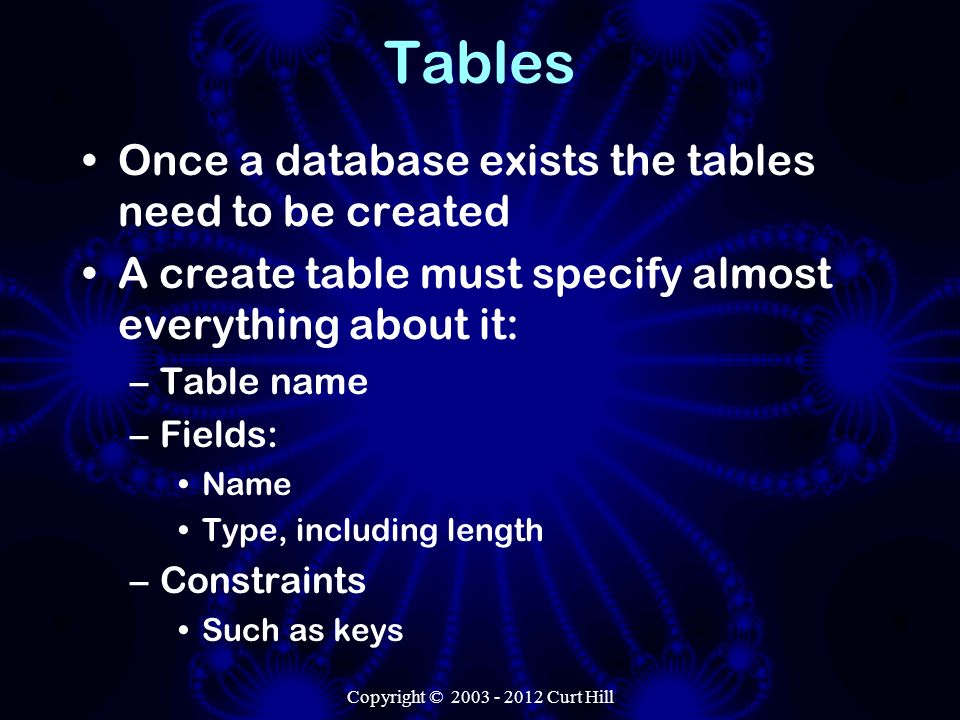 Tables Once a database exists the tables need to be created A create table must specify almost everything about it: –Table name –Fields: Name Type, including length –Constraints Such as keys Copyright © Curt Hill