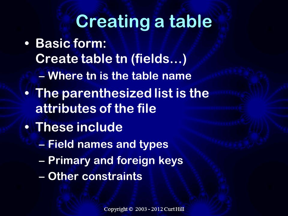 Creating a table Basic form: Create table tn (fields…) –Where tn is the table name The parenthesized list is the attributes of the file These include –Field names and types –Primary and foreign keys –Other constraints