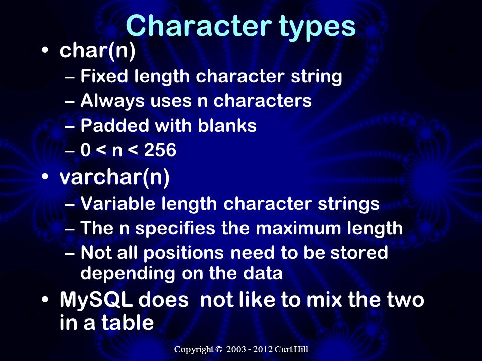 Copyright © Curt Hill Character types char(n) –Fixed length character string –Always uses n characters –Padded with blanks –0 < n < 256 varchar(n) –Variable length character strings –The n specifies the maximum length –Not all positions need to be stored depending on the data MySQL does not like to mix the two in a table