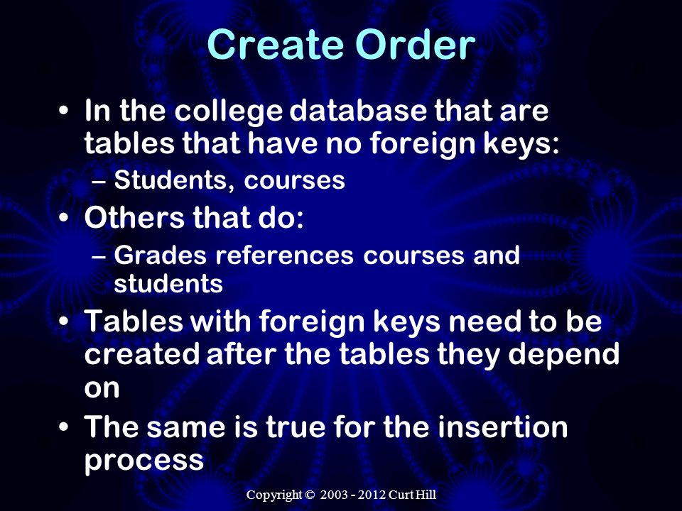 Copyright © Curt Hill Create Order In the college database that are tables that have no foreign keys: –Students, courses Others that do: –Grades references courses and students Tables with foreign keys need to be created after the tables they depend on The same is true for the insertion process