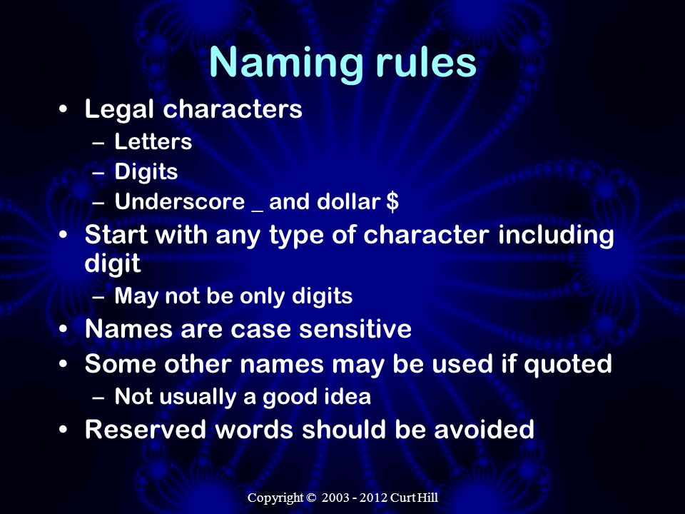 Copyright © Curt Hill Naming rules Legal characters –Letters –Digits –Underscore _ and dollar $ Start with any type of character including digit –May not be only digits Names are case sensitive Some other names may be used if quoted –Not usually a good idea Reserved words should be avoided