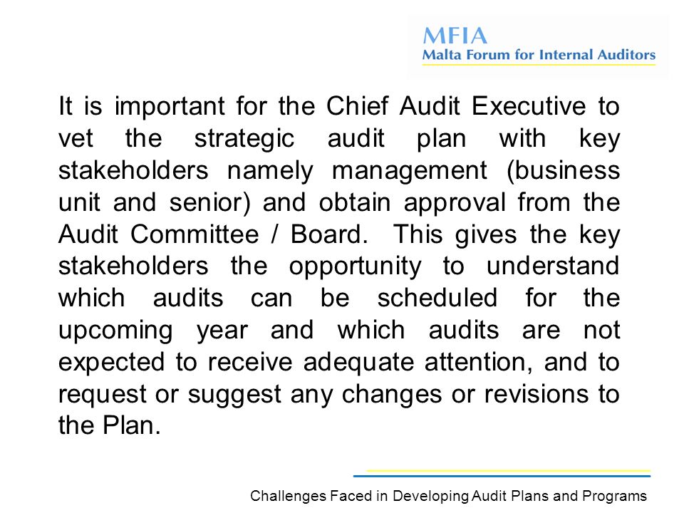 It is important for the Chief Audit Executive to vet the strategic audit plan with key stakeholders namely management (business unit and senior) and obtain approval from the Audit Committee / Board.