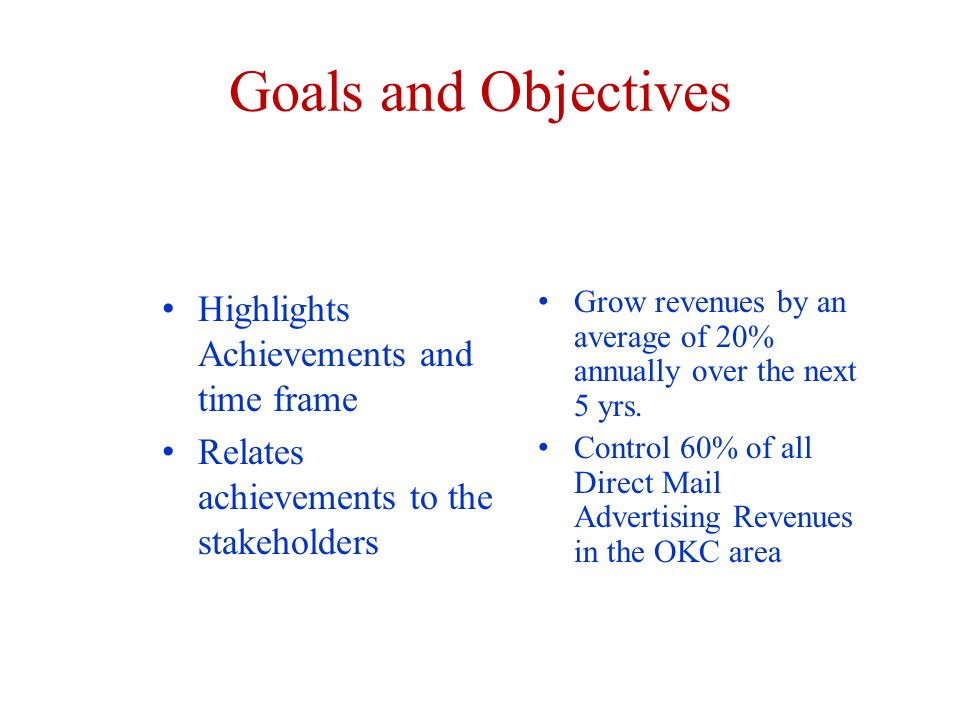 Goals and Objectives Highlights Achievements and time frame Relates achievements to the stakeholders Grow revenues by an average of 20% annually over the next 5 yrs.