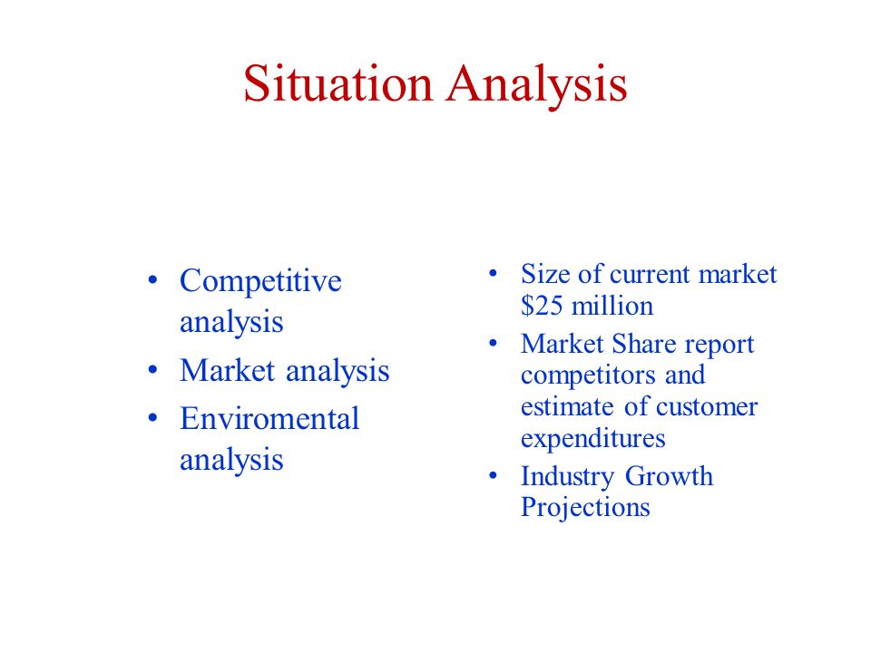 Situation Analysis Competitive analysis Market analysis Enviromental analysis Size of current market $25 million Market Share report competitors and estimate of customer expenditures Industry Growth Projections