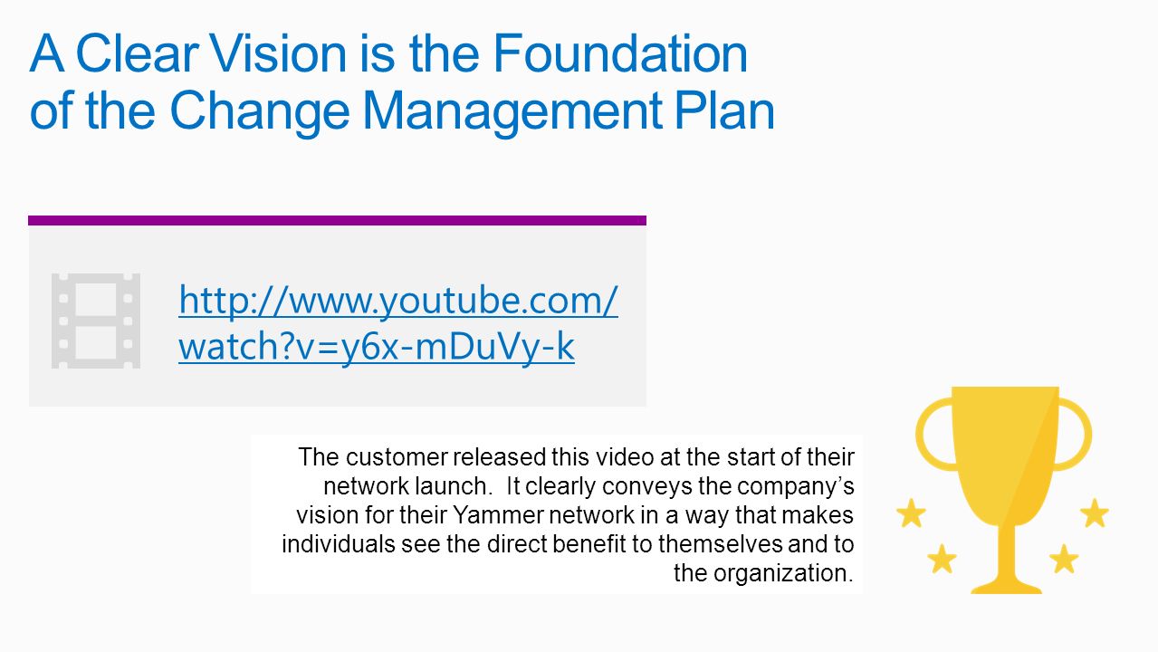 A Clear Vision is the Foundation of the Change Management Plan   watch v=y6x-mDuVy-k The customer released this video at the start of their network launch.