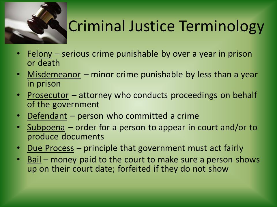 Criminal Justice Terminology Felony – serious crime punishable by over a year in prison or death Misdemeanor – minor crime punishable by less than a year in prison Prosecutor – attorney who conducts proceedings on behalf of the government Defendant – person who committed a crime Subpoena – order for a person to appear in court and/or to produce documents Due Process – principle that government must act fairly Bail – money paid to the court to make sure a person shows up on their court date; forfeited if they do not show