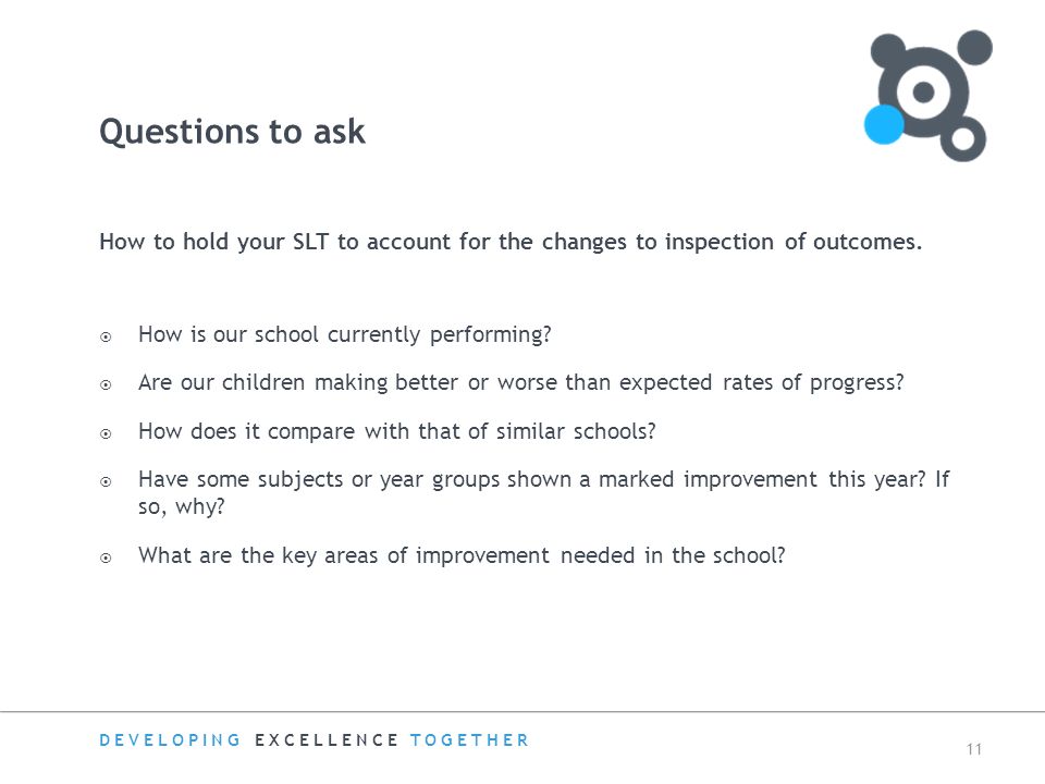 DEVELOPING EXCELLENCE TOGETHER 11 How to hold your SLT to account for the changes to inspection of outcomes.