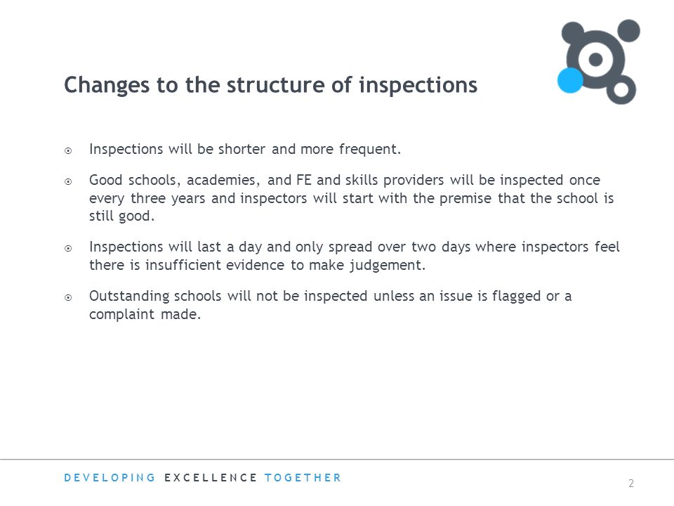 2 Changes to the structure of inspections  Inspections will be shorter and more frequent.