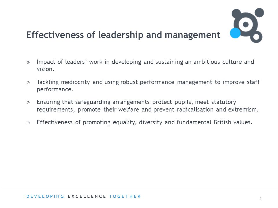 DEVELOPING EXCELLENCE TOGETHER 4 Effectiveness of leadership and management  Impact of leaders’ work in developing and sustaining an ambitious culture and vision.