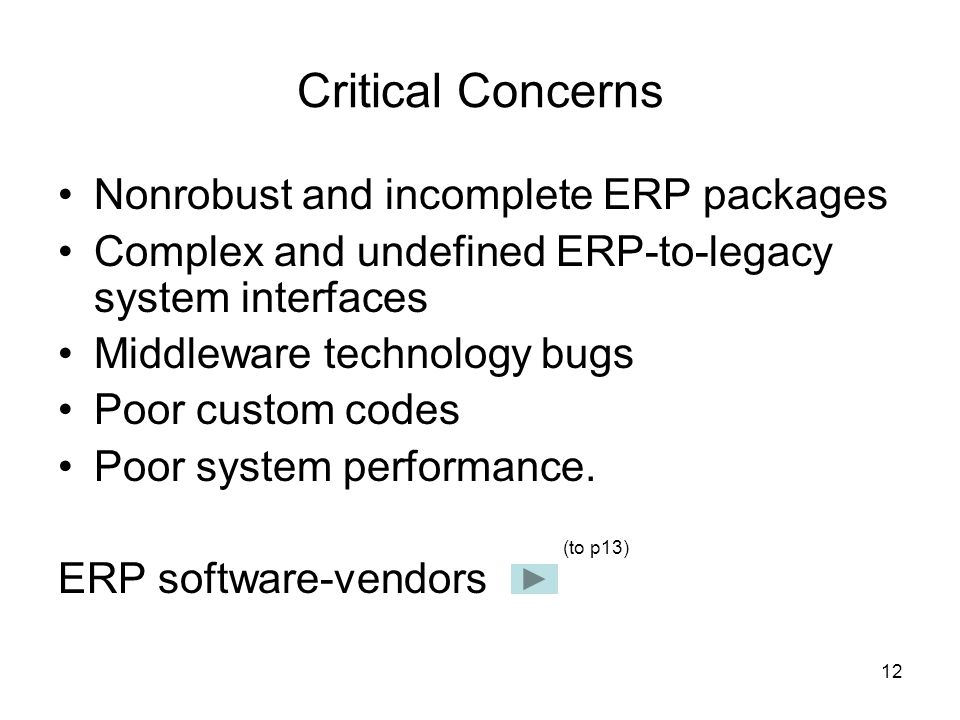 12 Critical Concerns Nonrobust and incomplete ERP packages Complex and undefined ERP-to-legacy system interfaces Middleware technology bugs Poor custom codes Poor system performance.