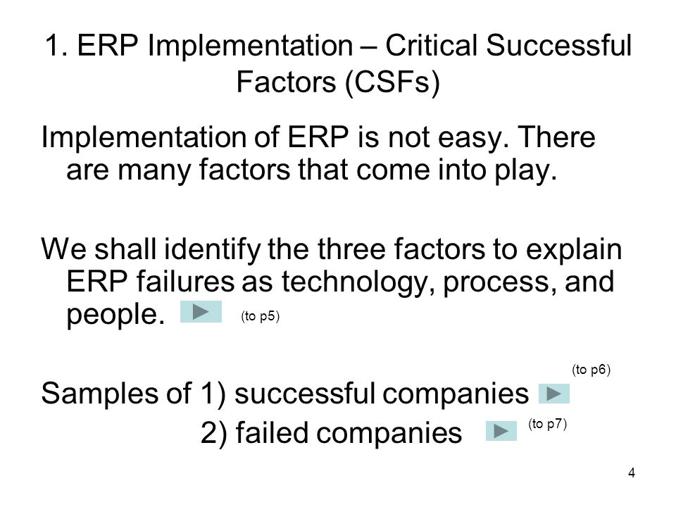 4 1. ERP Implementation – Critical Successful Factors (CSFs) Implementation of ERP is not easy.