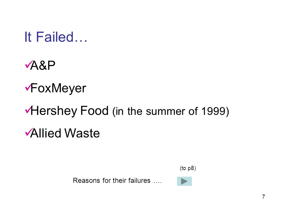 7 It Failed… A&P FoxMeyer Hershey Food (in the summer of 1999) Allied Waste Reasons for their failures ….