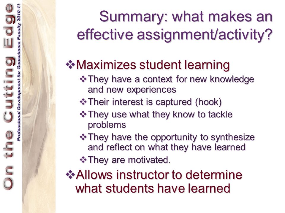 Summary: what makes an effective assignment/activity.