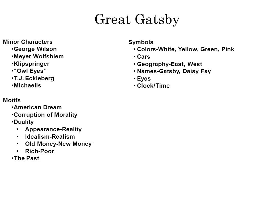 Point of View First Person—Limited Nick Carraway (Narrator) Why use 1st-person narration; how is Nick especially effective Parties Tom & Daisy’s Tom & Myrtle’s Gatsby’s Nick’s Plaza Hotel Main Characters Nick Carraway Jay Gatsby Daisy Fay Buchanan Tom Buchanan Jordan Baker Myrtle Wilson