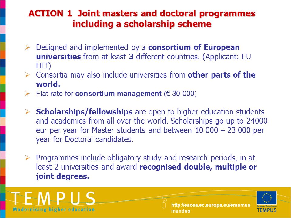 ACTION 1 Joint masters and doctoral programmes including a scholarship scheme  Designed and implemented by a consortium of European universities from at least 3 different countries.