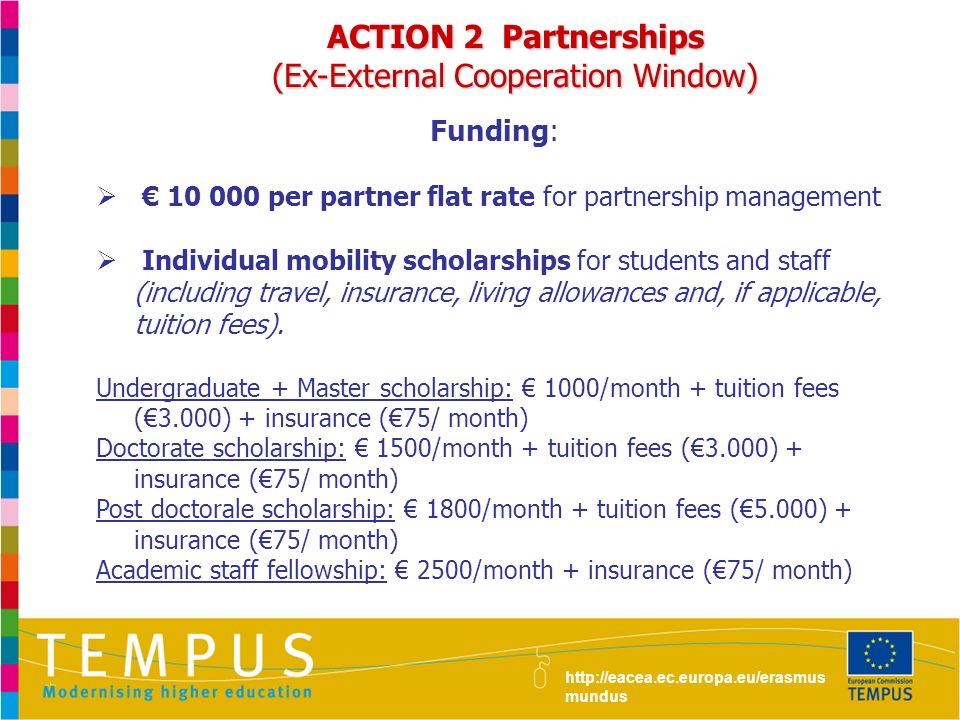 ACTION 2 Partnerships (Ex-External Cooperation Window) Funding:  € per partner flat rate for partnership management  Individual mobility scholarships for students and staff (including travel, insurance, living allowances and, if applicable, tuition fees).