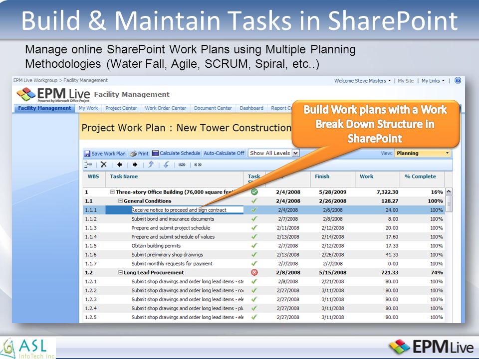 Build & Maintain Tasks in SharePoint Manage online SharePoint Work Plans using Multiple Planning Methodologies (Water Fall, Agile, SCRUM, Spiral, etc..)