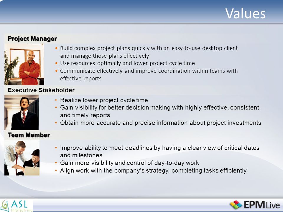 Values Realize lower project cycle time Gain visibility for better decision making with highly effective, consistent, and timely reports Obtain more accurate and precise information about project investments Build complex project plans quickly with an easy-to-use desktop client and manage those plans effectively Use resources optimally and lower project cycle time Communicate effectively and improve coordination within teams with effective reports Improve ability to meet deadlines by having a clear view of critical dates and milestones Gain more visibility and control of day-to-day work Align work with the company’s strategy, completing tasks efficiently Project Manager Team Member Executive Stakeholder