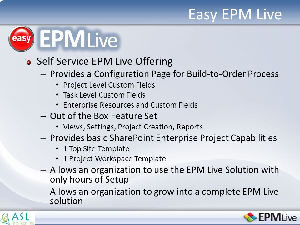 Self Service EPM Live Offering – Provides a Configuration Page for Build-to-Order Process Project Level Custom Fields Task Level Custom Fields Enterprise Resources and Custom Fields – Out of the Box Feature Set Views, Settings, Project Creation, Reports – Provides basic SharePoint Enterprise Project Capabilities 1 Top Site Template 1 Project Workspace Template – Allows an organization to use the EPM Live Solution with only hours of Setup – Allows an organization to grow into a complete EPM Live solution Easy EPM Live