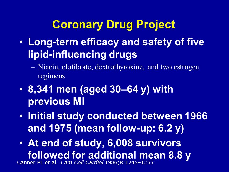 Coronary Drug Project Long-term efficacy and safety of five lipid-influencing drugs –Niacin, clofibrate, dextrothyroxine, and two estrogen regimens 8,341 men (aged 30–64 y) with previous MI Initial study conducted between 1966 and 1975 (mean follow-up: 6.2 y) At end of study, 6,008 survivors followed for additional mean 8.8 y Canner PL et al.