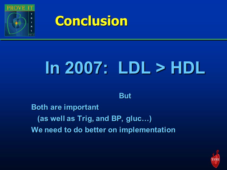 Conclusion In 2007: LDL > HDL In 2007: LDL > HDL But Both are important Both are important (as well as Trig, and BP, gluc…) (as well as Trig, and BP, gluc…) We need to do better on implementation We need to do better on implementation