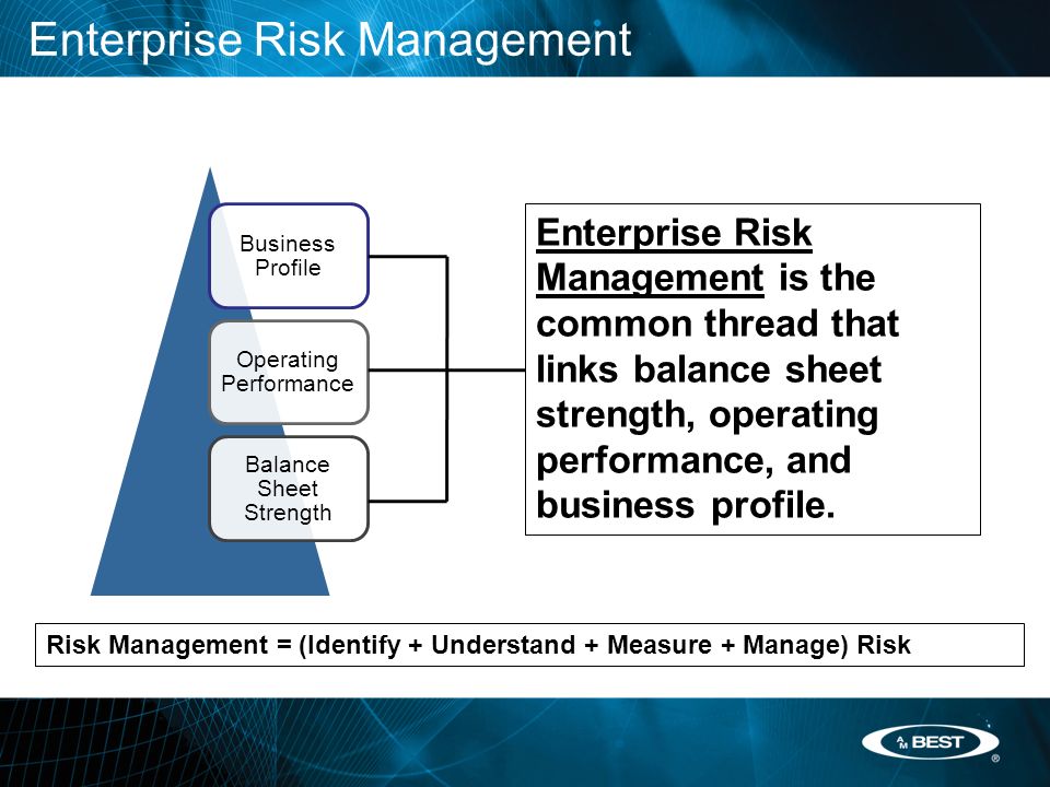 Enterprise Risk Management Business Profile Operating Performance Balance Sheet Strength Enterprise Risk Management is the common thread that links balance sheet strength, operating performance, and business profile.
