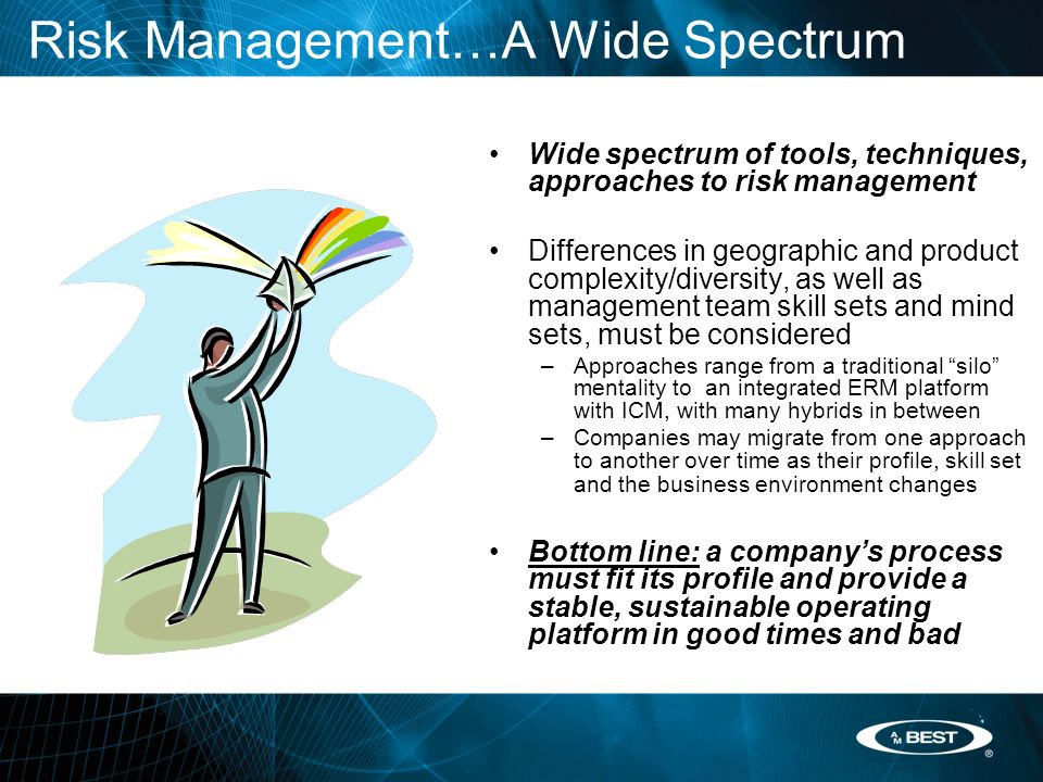 Risk Management…A Wide Spectrum Wide spectrum of tools, techniques, approaches to risk management Differences in geographic and product complexity/diversity, as well as management team skill sets and mind sets, must be considered –Approaches range from a traditional silo mentality to an integrated ERM platform with ICM, with many hybrids in between –Companies may migrate from one approach to another over time as their profile, skill set and the business environment changes Bottom line: a company’s process must fit its profile and provide a stable, sustainable operating platform in good times and bad