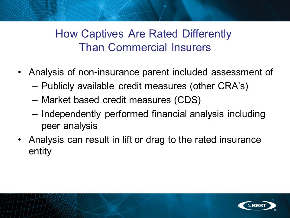 How Captives Are Rated Differently Than Commercial Insurers Analysis of non-insurance parent included assessment of –Publicly available credit measures (other CRA’s) –Market based credit measures (CDS) –Independently performed financial analysis including peer analysis Analysis can result in lift or drag to the rated insurance entity