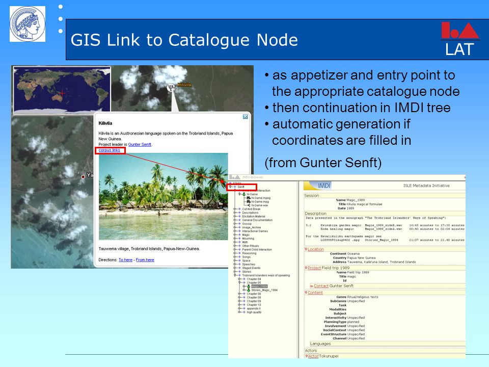GIS Link to Catalogue Node as appetizer and entry point to the appropriate catalogue node then continuation in IMDI tree automatic generation if coordinates are filled in (from Gunter Senft) LAT