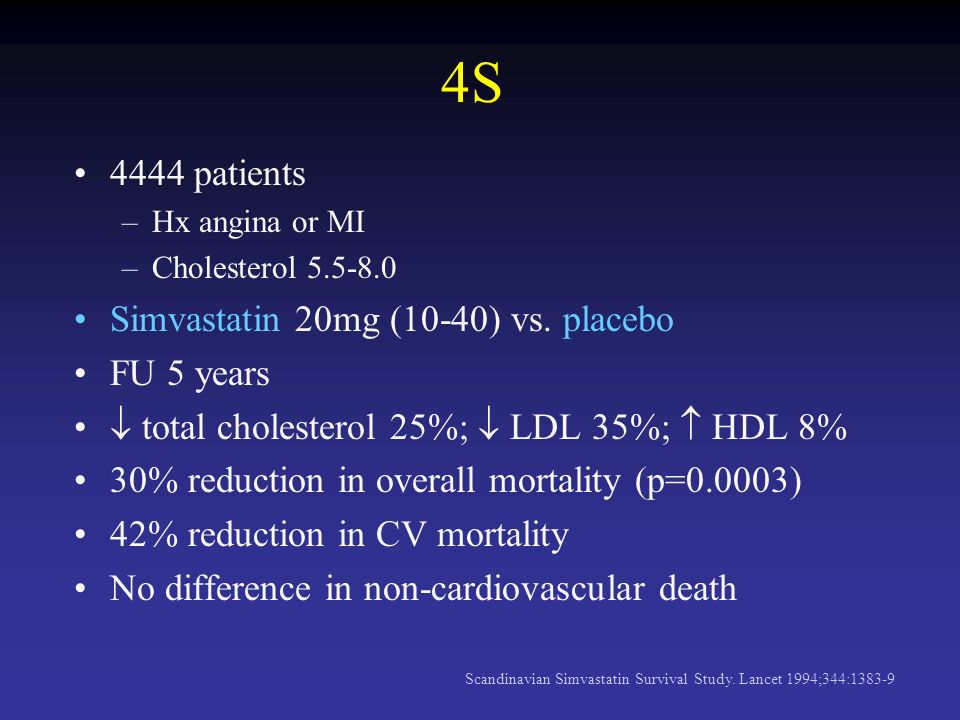 4S 4444 patients –Hx angina or MI –Cholesterol Simvastatin 20mg (10-40) vs.