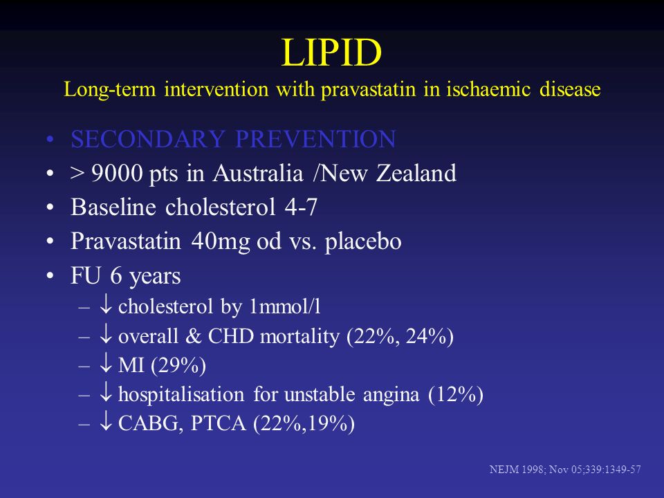 LIPID Long-term intervention with pravastatin in ischaemic disease SECONDARY PREVENTION > 9000 pts in Australia /New Zealand Baseline cholesterol 4-7 Pravastatin 40mg od vs.