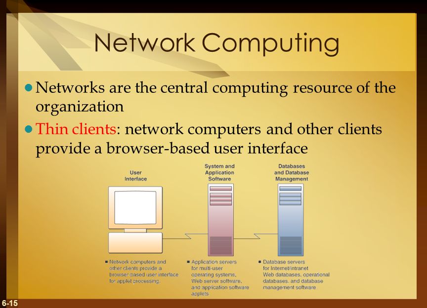 6-15 Network Computing Networks are the central computing resource of the organization Thin clients: network computers and other clients provide a browser-based user interface