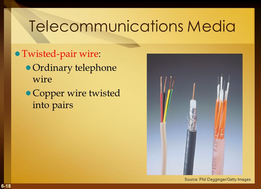 6-18 Telecommunications Media Twisted-pair wire: Ordinary telephone wire Copper wire twisted into pairs Source: Phil Degginger/Getty Images.