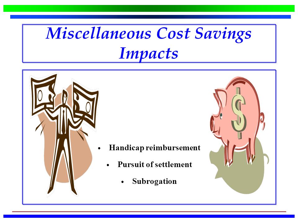  Handicap reimbursement  Pursuit of settlement  Subrogation Miscellaneous Cost Savings Impacts