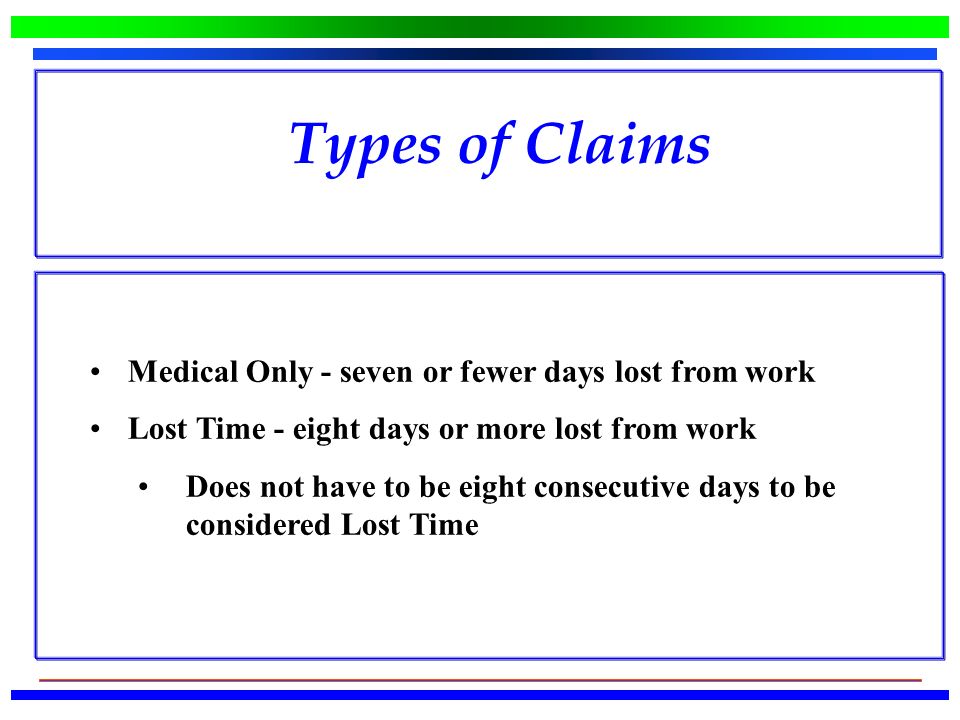 Medical Only - seven or fewer days lost from work Lost Time - eight days or more lost from work Does not have to be eight consecutive days to be considered Lost Time Types of Claims